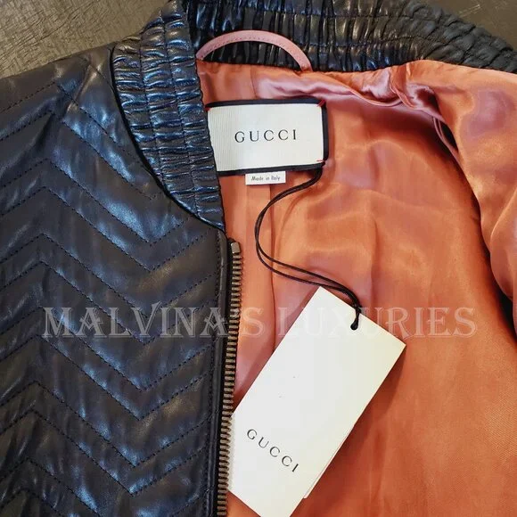 GUCCI JACKET QUILTED BLACK LEATHER BOMBER TIGER CHARM PULL sz IT 38 US 2 - Picture 10 of 15